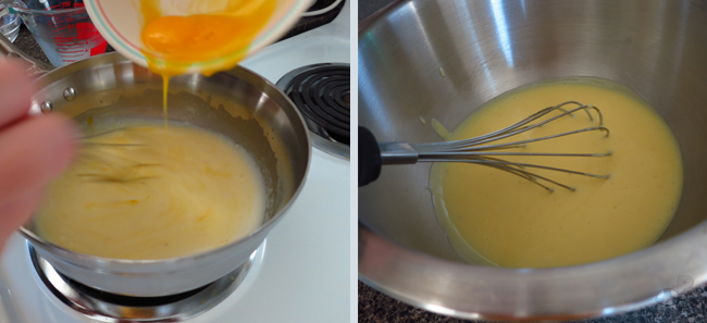 Cheese Souffle: Turn off heat and add yolks one at a time