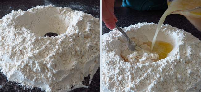 Pizza: Flour pile mixing yeast water